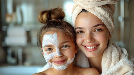 A mother and her young daughter share a bonding moment at home, both with facial masks and towels. Their smiles reflect the happiness and comfort of their spa day together.