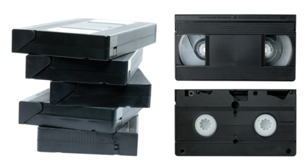 Set of retro old analog video cassettes, isolated on transparent background, retro things concept