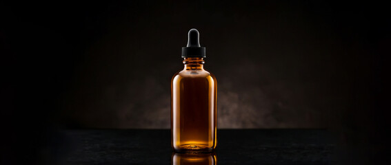 Amber dropper bottle on a black background, Dropper bottle mockup with copy space