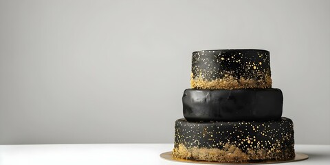 Luxurious black and gold cake on white background for Birthday or Wedding. Concept Birthday Cakes, Wedding Cakes, Luxury Desserts, Black and Gold Theme, Elegant Celebrations