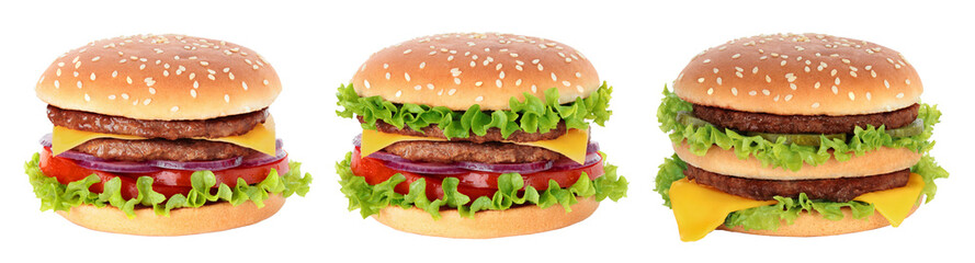 Set of Big Hamburgers with Two Beef Cutlets, isolated on transparent background, fast food concept