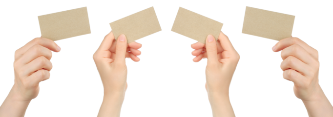 Set of Women Hands, which holding Paper Blank Business Card, isolated on transparent background