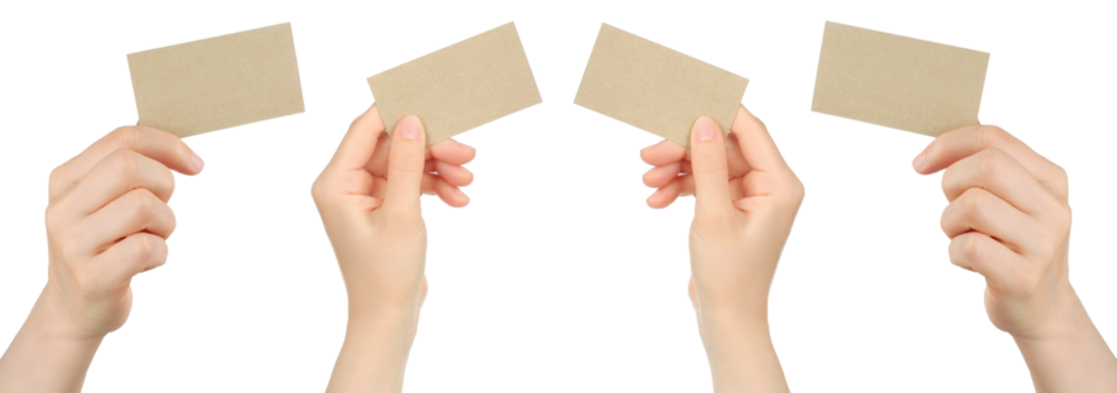 Set of Women Hands, which holding Paper Blank Business Card, isolated on transparent background