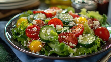A fresh garden salad with lettuce, tomatoes, cucumbers, and a sprinkle of feta cheese