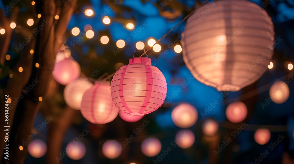 Poster this photo depicts a joyous evening scene with string lights and lanterns creating a warm and festiv