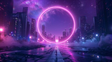 Urban area featuring a central neon circle