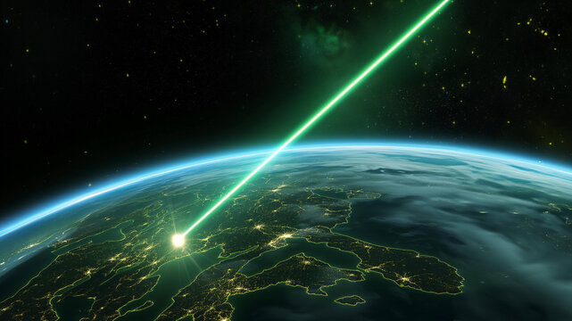 Gr&uuml;ner Laser Lichtstrahl auf die Erde, DEW direkte Energiewaffe der Zukunft