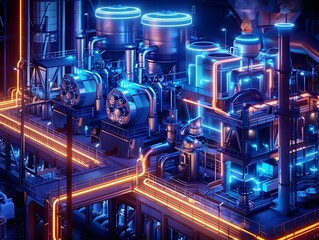 Futuristic Neon Lit Power Plant with Visible Electric Currents Flowing Through the Machinery