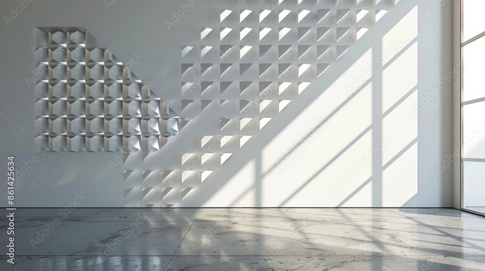 Poster a large metal grid adorned with geometric shapes hangs on the wall giving the illusion of a window i