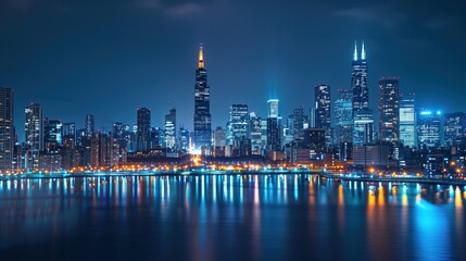 Obraz premium Vibrant night view of Chicago's illuminated skyline reflecting on calm lake waters, highlighting the city's architectural beauty.