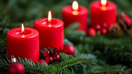 Four glowing red candles placed among green branches and red Christmas ornaments, creating a festive and cozy holiday atmosphere.