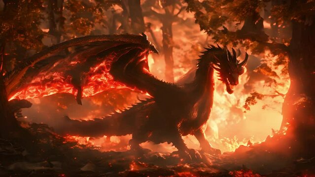 Fantasy scene showing fire dragon in the forest	