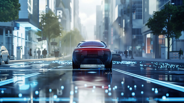 futuristic electric car on the city street, surrounded in the style of holographic digital data streams and augmented reality displays