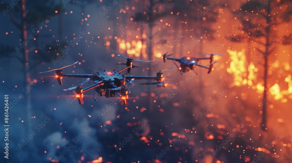 Poster as a wildfire rapidly spreads a fleet of 5gconnected drones are deployed to survey the area and give