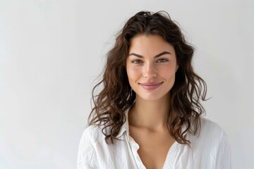 Smiling woman with curly hair in white shirt against white background.