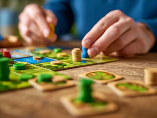 Fototapeta premium Close-up of hands playing a board game with wooden pieces on a table, emphasizing strategy and enjoyment in a social setting.