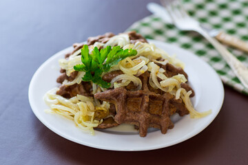 fried liver waffles with onions and herbs