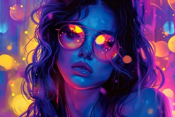 Fototapeta premium Neon Dreams: Vibrant Portrait of a Woman in glasses. Portrait of a glamour woman in neon lights. Generative AI