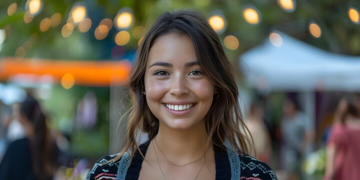 Closeup portrait of smiling girl in stylish cardigan at block party. Concept Portrait Photography, Block Party, Stylish Cardigan, Smiling Girl, Closeup Shot