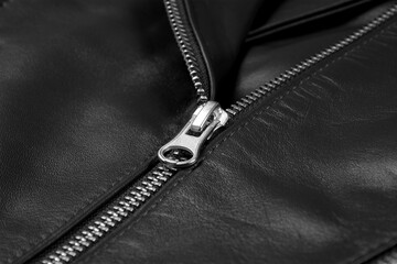 Close Up Genuine Black Leather Jacket And Zipper.