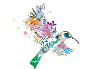 Abstract flying bird decorated with summer and spring flowers, notes, butterflies. Light and relax music. Hand drawn vector illustration.