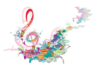 Abstract musical design with a treble clef and colorful splashes, notes and waves.  Rainy light music. Hand drawn vector illustration.