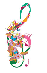 Abstract nature treble clef decorated with summer and spring flowers, notes, birds. Light and relax music. Hand drawn vector illustration.