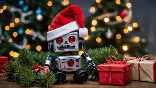 Ai robot in santa claus hat Christmas concept