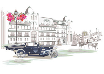 Series of vintage backgrounds decorated with flowers, retro cars and old city views. Hand drawn illustration.