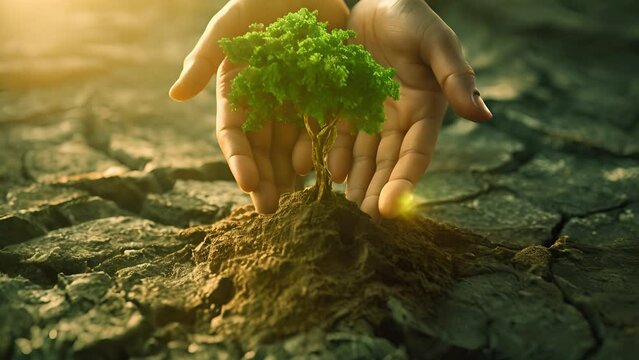 Green hands holding tree growing on cracked earth. Saving environment and natural conservation concept	