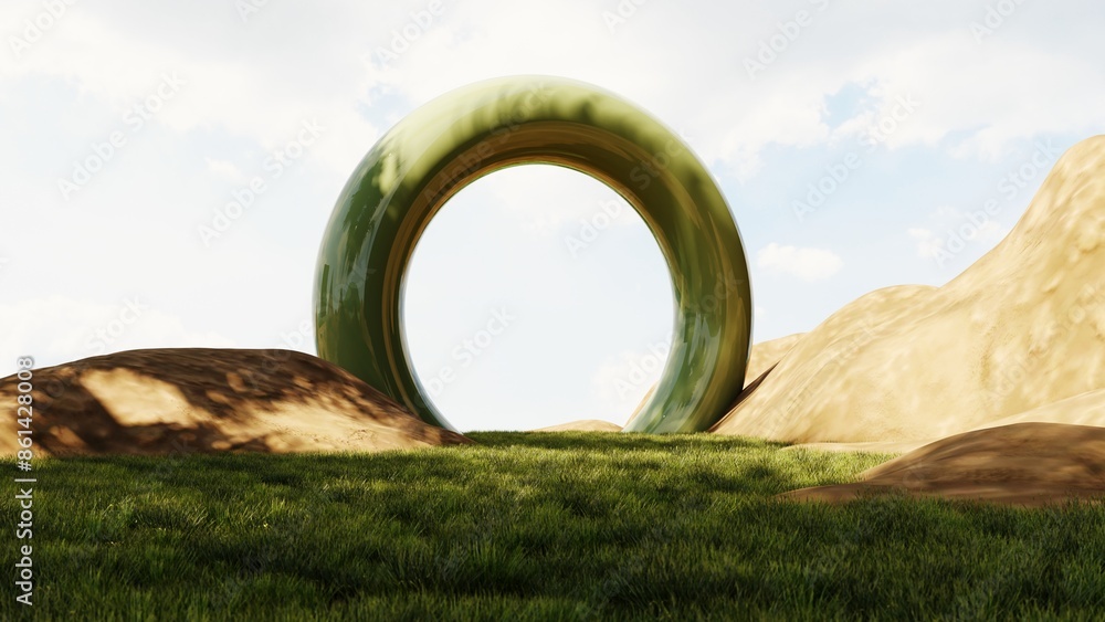 Poster fantasy world, futuristic fantasy image. 3d render of surreal landscape with water and colorful sand