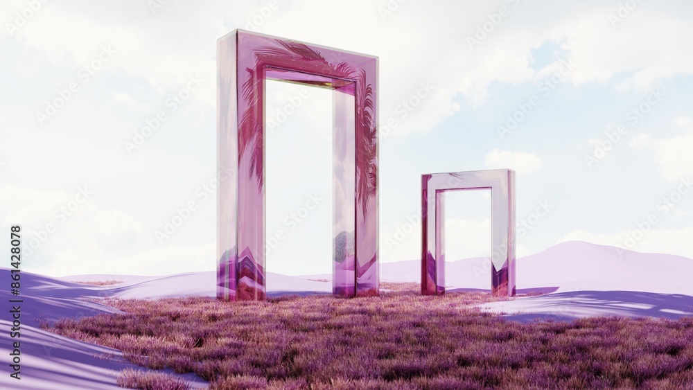 Poster fantasy world, futuristic fantasy image. 3d render of surreal landscape with water and colorful sand