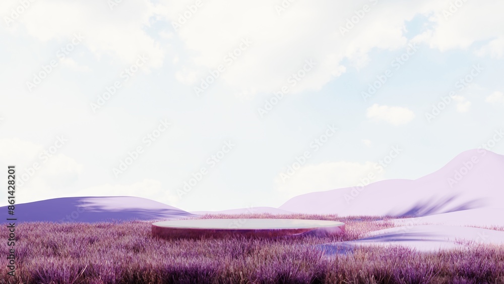 Poster fantasy world, futuristic fantasy image. 3d render of surreal landscape with water and colorful sand