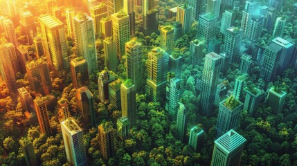 A vibrant, futuristic cityscape illuminated by glowing lights and surrounded by lush greenery.