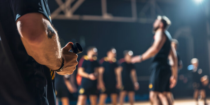 Close up of Coach Holding Whistle with Basketball Team Practicing in Background