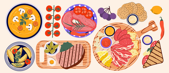 The process of preparing delicious food from above.  Various Ingredients for dishes and food.  Master Class. Preparing food. Flat style. Meal. Set of tasty food. Brunch, lunch, breakfast, dinner. 