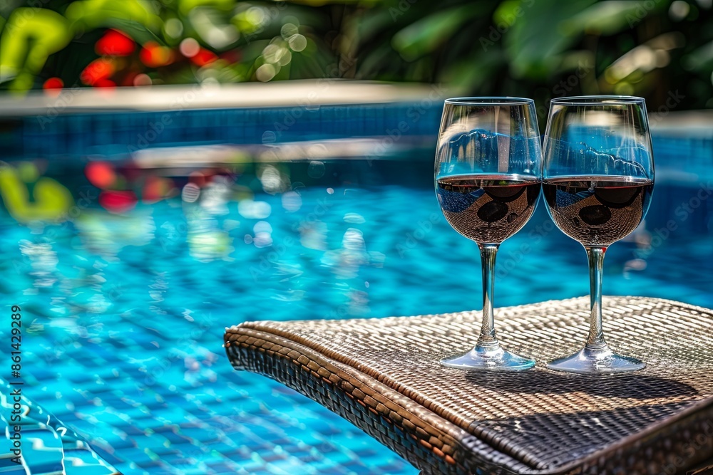 Canvas Prints Two Glasses of Red Wine on a Table near a Brown Sun Lounger in a Pool with Blue Water, View from the Hotel