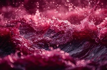 Fototapeta premium A dynamic abstract artwork depicting splashing crimson water illuminated by sparkling lights, creating an energetic and vibrant scene full of movement and visual interest.