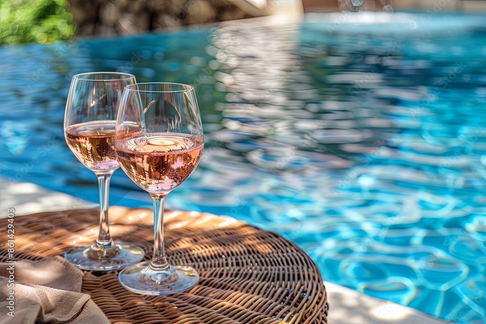 Wall mural Two Glasses of RosÃ© Wine on a Table near a Brown Sun Lounger in a Pool with Blue Water, View from the Hotel