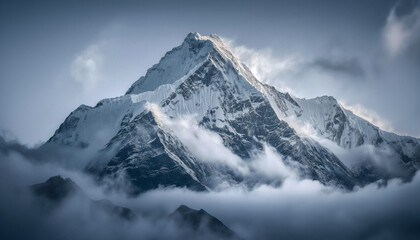 Obraz premium Snow-capped mountain peak rising above the clouds, creating a serene and majestic view of nature's grandeur