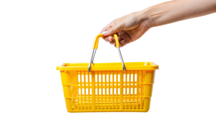 A hand grips a shopping basket, ready to gather groceries or browse a store