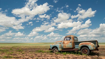 Rustic Vintage Pickup Truck in Rural Landscape Promoting Soil Conservation Awareness