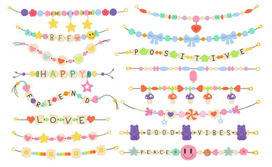 Plastic beads bracelets. Kids funky accessories. Cute jewellery with love hearts and letters. Friendship baubles. Hippie necklaces. Girly bijouterie. Handmade jewel. Recent vector set