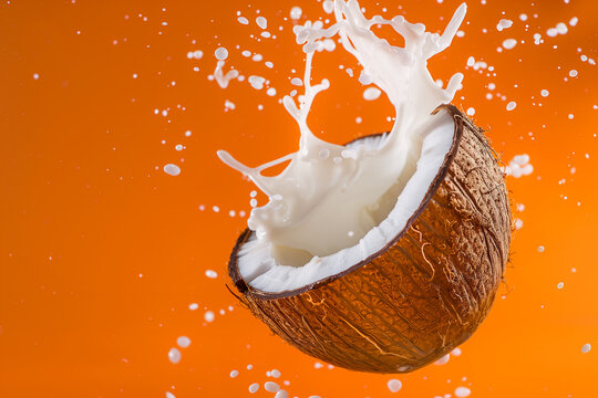 Half of a fresh tropical coconut levitate on a bright orange background. Splash and drops of coconut milk. Delicious tropical exotic fruit. Advertising of a drink or natural cosmetics.