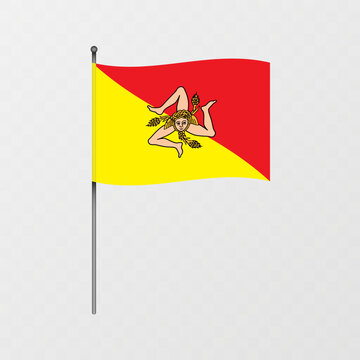 Sicily region flag on flagpole. Vector illustration.