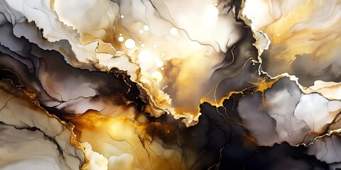 Obraz premium Abstract art featuring swirling gold and black inks, creating a dynamic and textured background