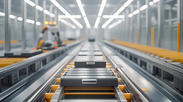 Automated production line robot arms transporting automotive battery modules onto conveyor belt. Electric car battery pack manufacturing process	