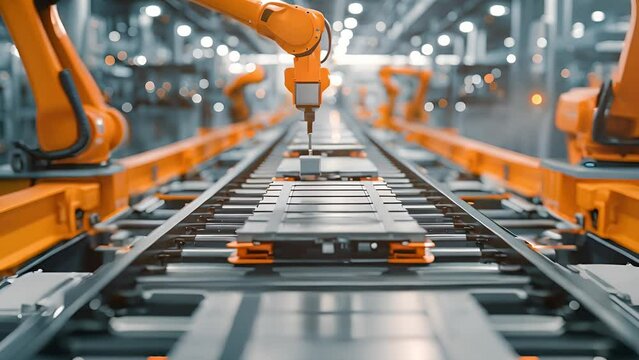 Automated production line robot arms transporting automotive battery modules onto conveyor belt. Electric car battery pack manufacturing process	