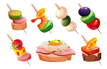 Finger food for buffet menu - canape appetizer and bruschetta with ham and egg. Cartoon vector set of little starter sandwich on toothpick skewer with cheese and olives, seafood and vegetables.