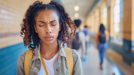 A young woman stands in a school hallway with her eyes closed, appearing stressed and overwhelmed, embodying the pressure and anxiety experienced by students in educational environments.